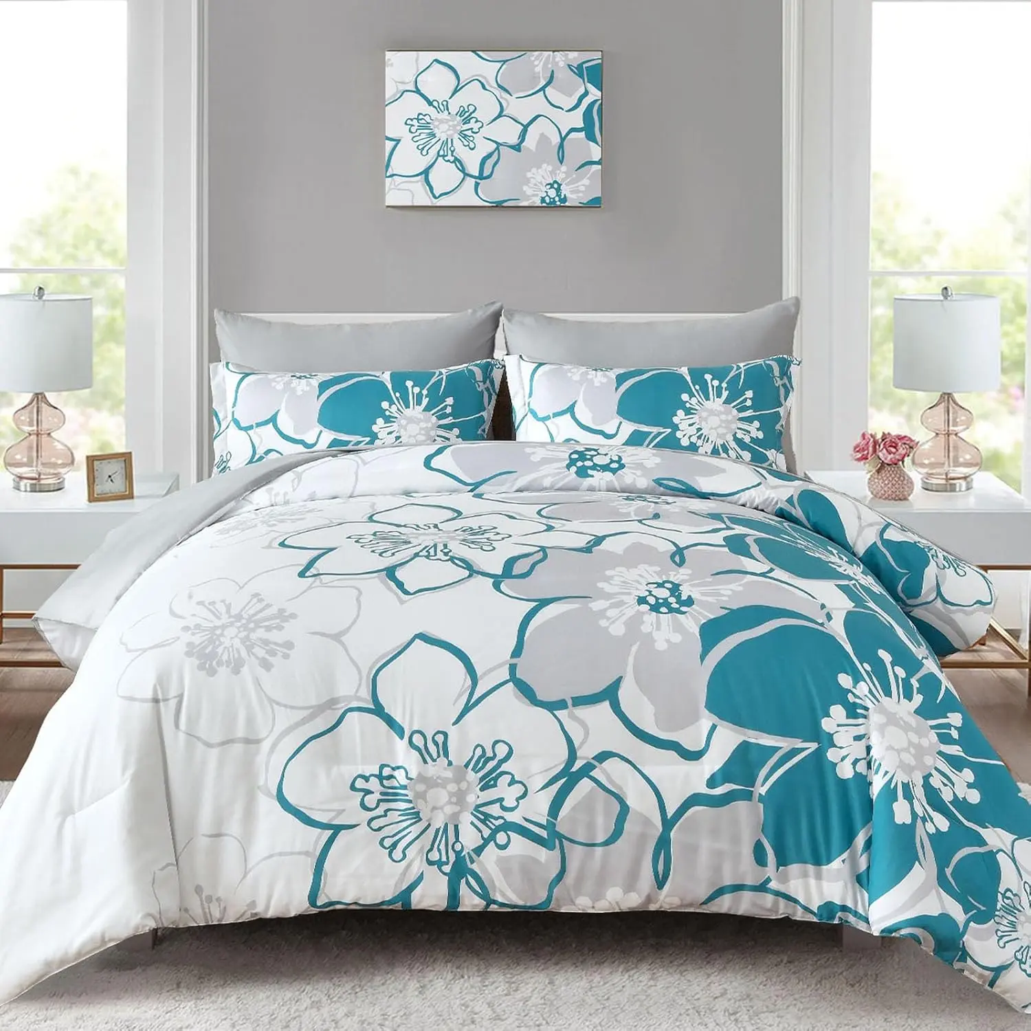 Teal Floral Comforter Set  Size 7 count, Teal Blue Flower Bed in a Bag, Elegant Botanical Floral Comforter Soft Microfiber Complete Bedding Set for  , (Teal, 90"x90")