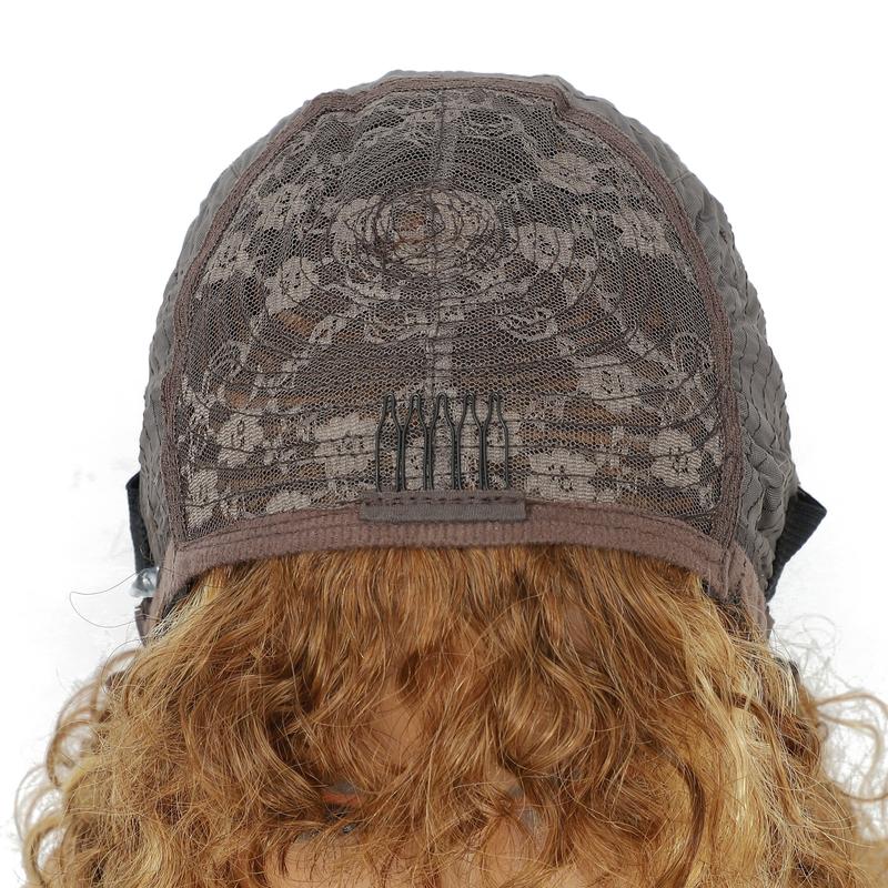 [Jerru Curly Wig] Jerru Curly Wig - 180% Density Highlight Curly Bob Wig With Bangs - Human Hair, Short, Kinky Curly, 4/27 Brown Honey Blonde Afro Curly Wigs For Black Women