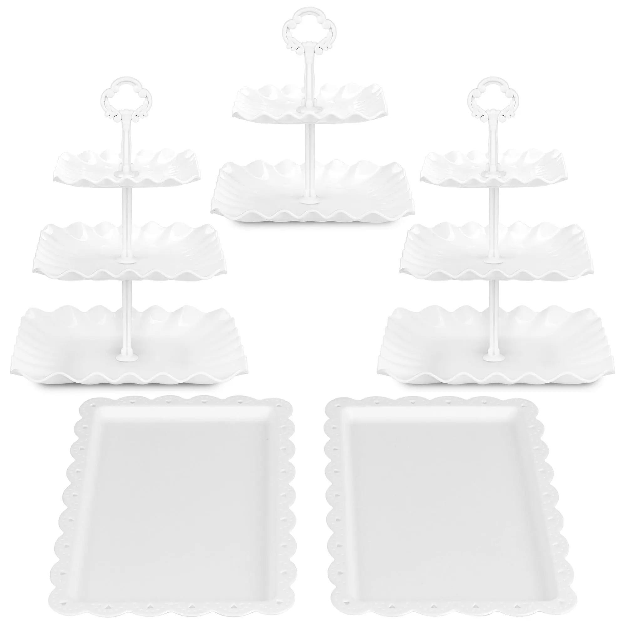 5‑Piece Square White Cupcake Stand & Appetizer Trays Set, 2Pcs 3‑Tier & 1Pc 2‑Tier Square Cupcake Stands with 2 Appetizer Serving Trays, Dessert Display Stand for Party, Birthday, Wedding, Baby Shower