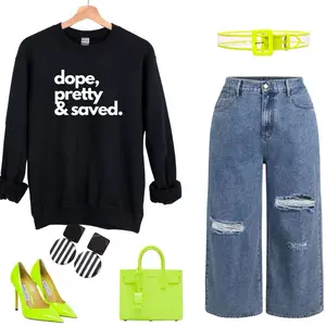 Dope P Black Sweatshirt with Neon Green Accessories & Distressed Denim Culottes for Stylish Outfits