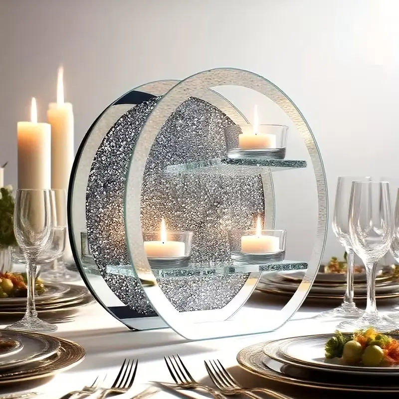 Round Candle Holder Made of Shiny Glass Crystal, Mirror-Like Ends, Perfect for Tea Candles and Diamond-Like Decorations, Party Decoration