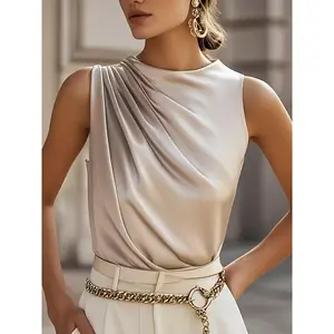 Renaishow Women's Mock Neck Camisole Silk Satin Tank Tops shirred Office Work Shirt Summer Blouse