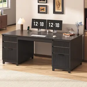 SEDETA 55.1 Inch Fluted Office Desk with 6 Drawers Modern Executive Desk with Acrylic File Drawers Computer Desk with Power outlets
