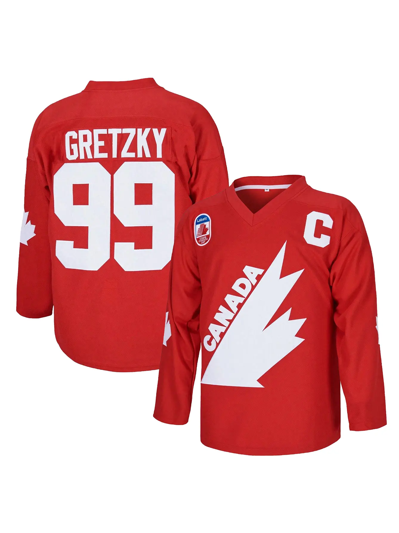 Men's #99 Gretzky Labatt Team Coupe Canada Cup Polyester Fiber Long Sleeve V-Neck Fitted Ice Hockey Jersey, Letter-Embroidered Unisex Pullover for Match & Train, Long Sleeve Shirt