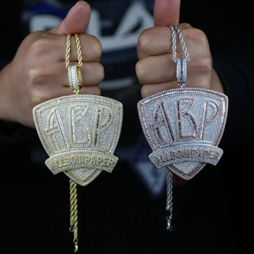 Iced Out ABP Shield Pendant Necklace for Men Women, Hip Hop CZ Crest Charm Chain in Silver and Rose Golden, Bling Streetwear Statement Jewelry Gift