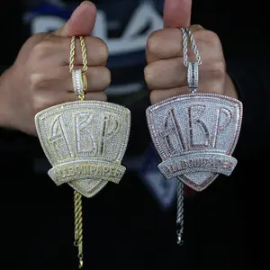 Iced Out ABP Shield Pendant Necklace for Men Women, Hip Hop CZ Crest Charm Chain in Silver and Rose Golden, Bling Streetwear Statement Jewelry Gift