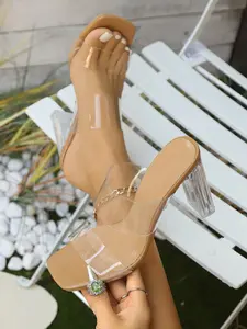 Transparent Crystal Heel Sandals, Summer Outdoor Fashionable Square Toe Open Toe High Heel Slippers, Fashion Versatile Slimming Women's Shoes