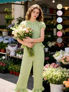 Women's Plaid 2-Piece Pajama Set – Long Sleeve Button Top & Straight Leg Pants, Comfortable Sleepwear Loungewear Womenswear plus size