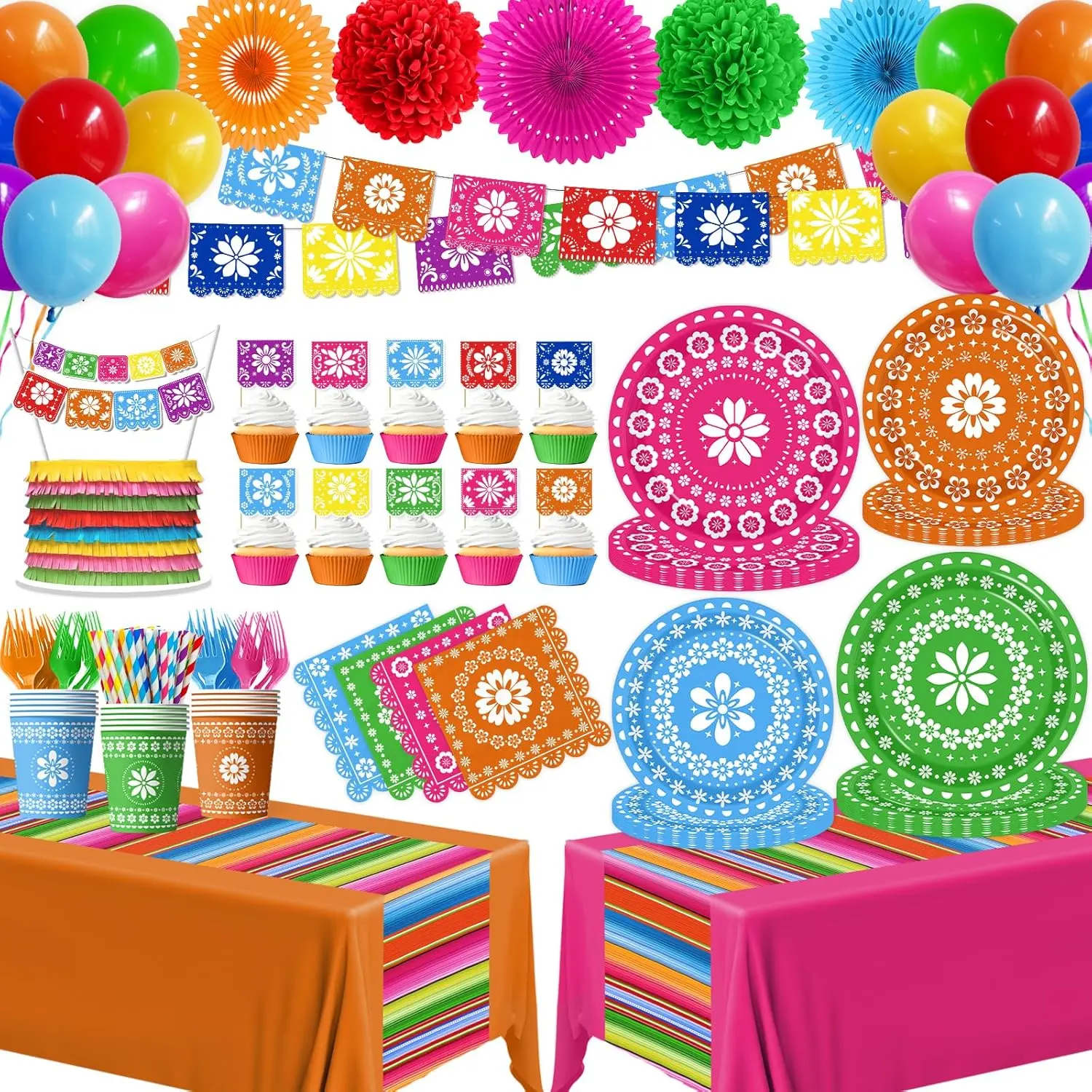 Fiesta Party Supplies Mexican Fiesta Tableware Set Colorful Papel Picado Floral Disposable Paper Plates,Napkins,Tablecloth,Cups,Balloon,Cake Topper,Banner