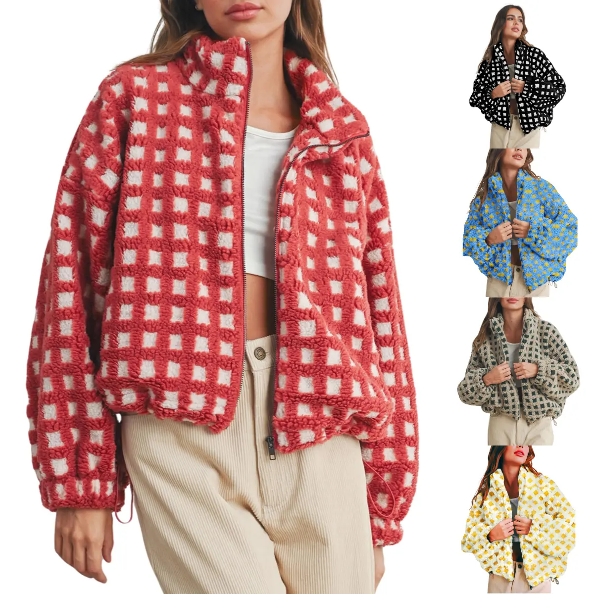 Kingapril Women’s Long Sleeve Cropped Sherpa Fleece Plaid Jacket Casual Chunky Teddy Fleece Outerwear