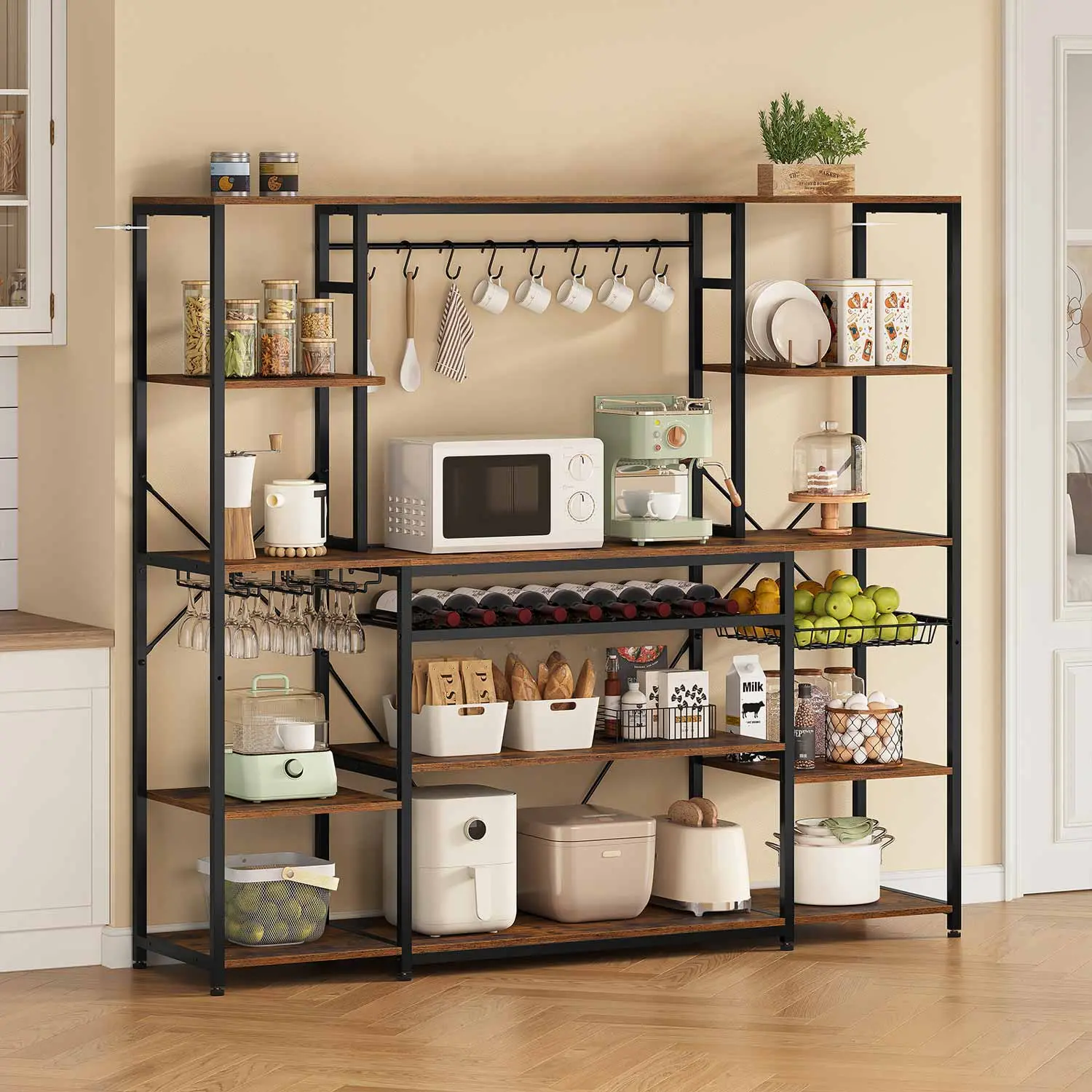 Sikaic Heavy Duty Kitchen Coffee Bar with Power Outlet, Adjustable Storage Shelves, Microwave Stand, Bakers Rack, Brown, Coffee Bar Station