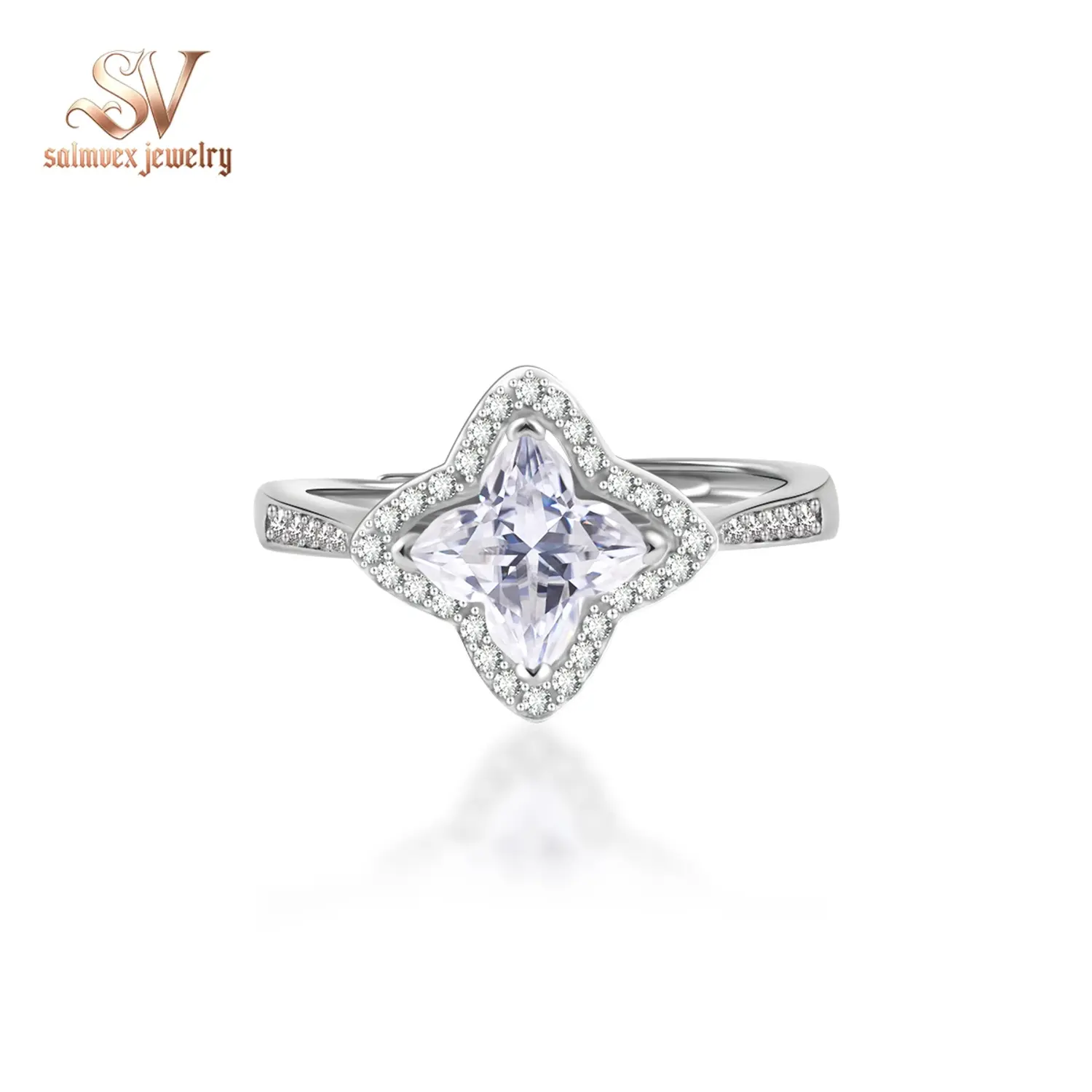 Salmvex Jewelry Adjustable Luxury Halo Lily Bulb Clover Cluster Ring Lab-Created Moissanite Engagement Ring S925 Sterling Silver Moissanite Jewelry Perfect Christmas Gift