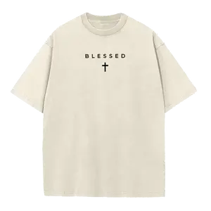 Men's "Blessed" Cross Print Vintage Washed T-Shirt, Breathable Oversized Casual Streetwear, Retro Faith-Inspired Short Sleeve Top, Summer Everyday Wear, TikTok Viral Minimalist Christian Style
