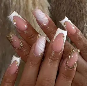 Luxury Nude French Tip Nails, 3D Pearl Accent Press On Nail Box, Soft Glam Girl Aesthetic
