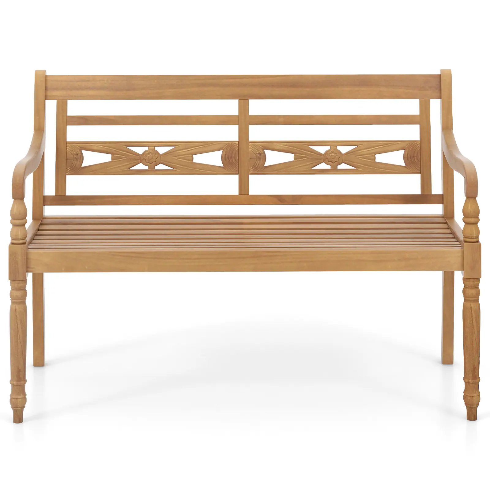 COSTWAY - 2-Person Teak Wood Patio Bench with Wide Backrest and Curved Armrests