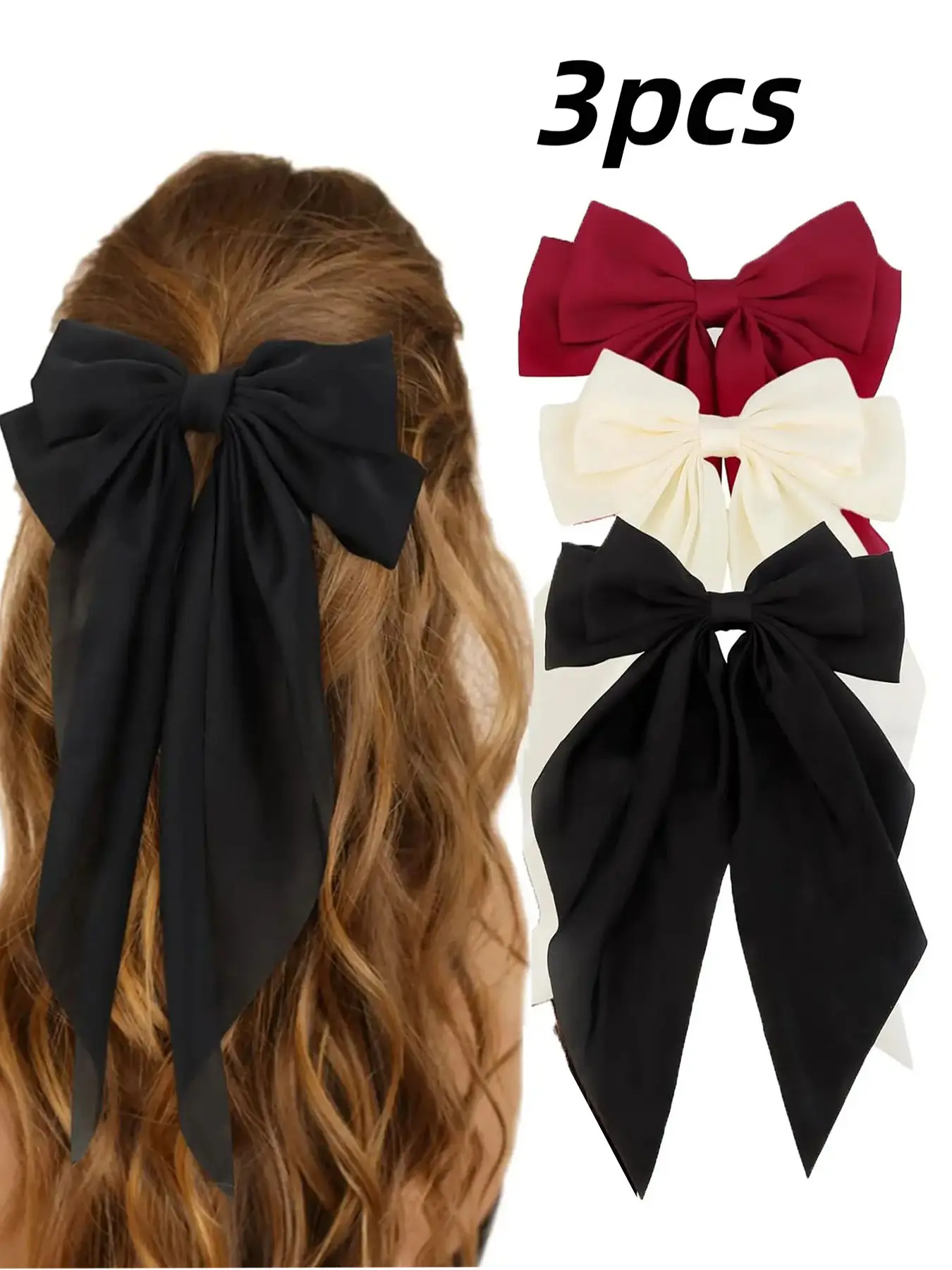 Silky Satin Bow Headband Set for Women & Girls, Burgundy, Colors, Large Bows with Long Tails, Elegant Hair Accessory, Hair Bands, Hairbands, Hair Accessories Set
