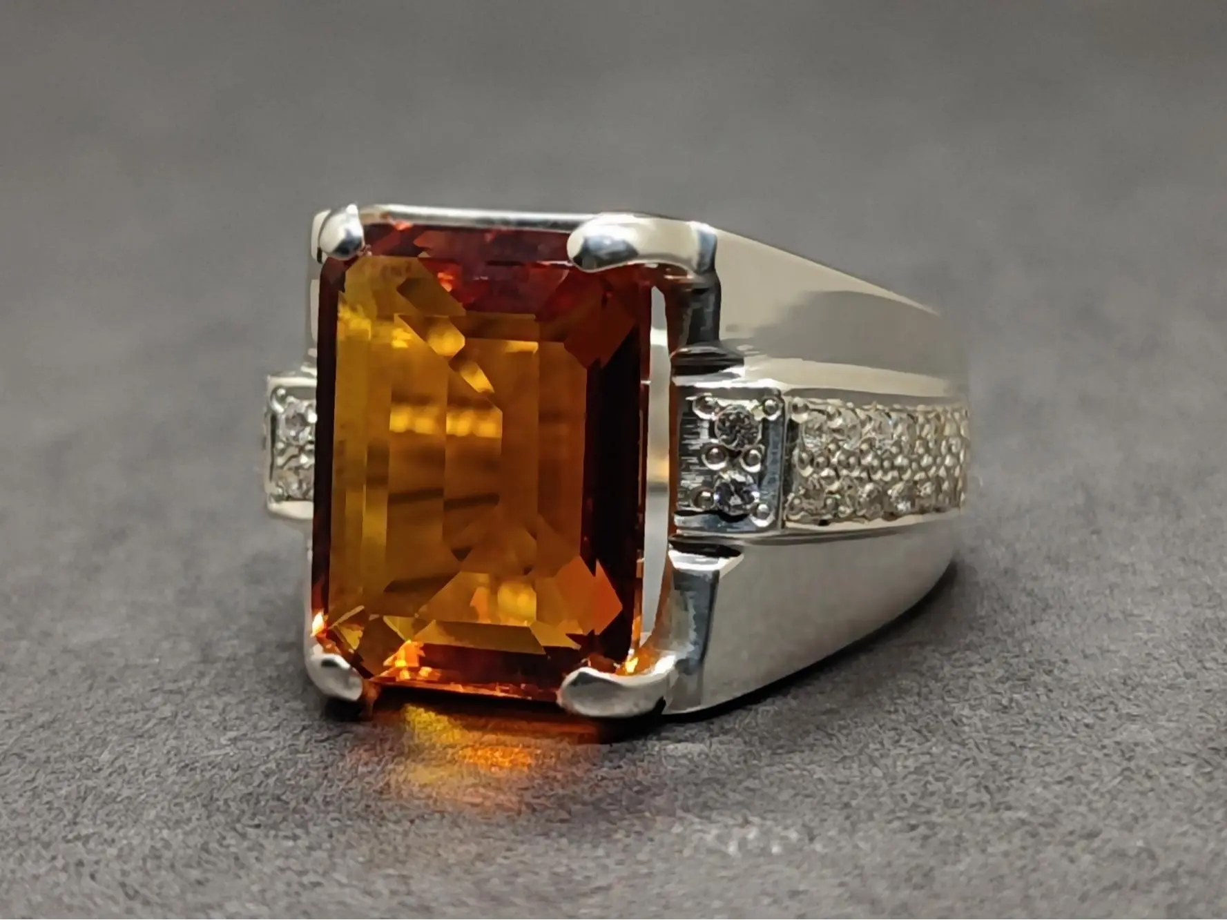 13 Carat Emerald Cut Dark Deep Yellow Citrine Sterling Silver 925 Handmade Men's Channel Set Ring