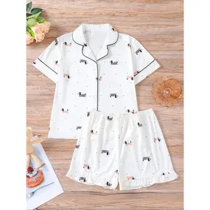Girl's Cartoon Dog Print Top & Shorts Pyjama Two-piece Set, Cute Comfy Short Sleeve Top & Shorts Pj Set, Kids Sleepwear for All Seasons, Soft Casual Pajamas