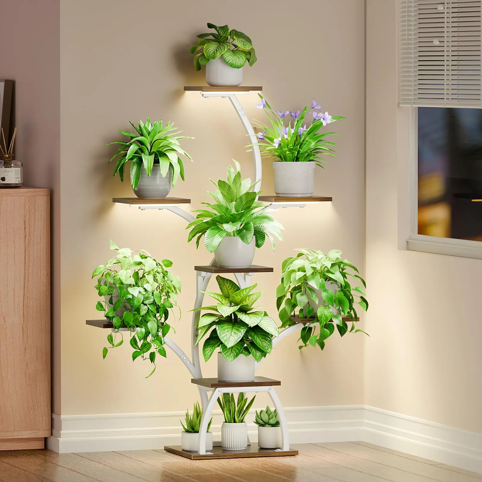 BACEKOLL Plant Stand Indoor with Grow Lights, 6 Tiered Plant Shelf Indoor, 50" Corner Plant Stands for Indoor Plants, Lighted Tree-Shaped Plant Holder, Tall Flower Display Rack for Living Room