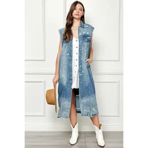 VERVET Full Size Distressed Sleeveless Longline Denim Duster