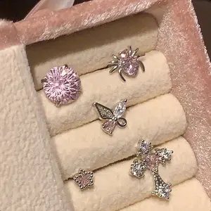 5 Individual Pink Zircon Cross & Butterfly Cartilage Cuffs - Single Ear Cuffs in Titanium Steel for Helix