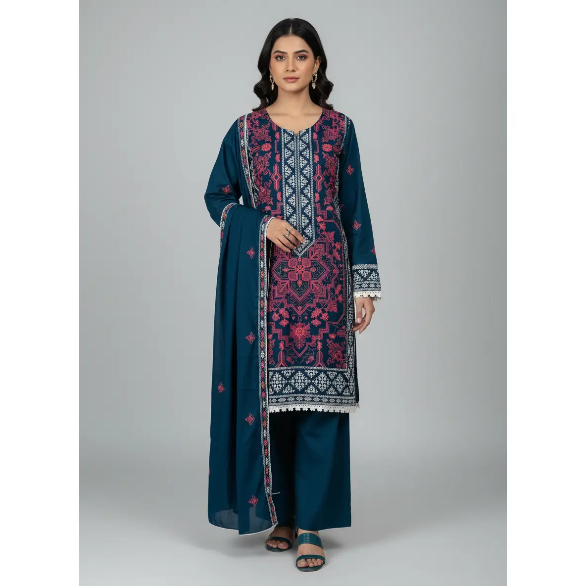 Women's Traditional 3-Piece Salwar Kameez Set in Dhanak Fabric with Intricate Embroidery, Elegant Style Dress with Plazo and Shawl, Elegance, Clothes, Lady