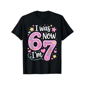 Cute Pink I Was 6 Now I'm 7 100% Cotton T-Shirt – 7th Birthday Shirt, 7 Year Old Birthday Party Outfit, Adorable Heart/Star Graphic Gift