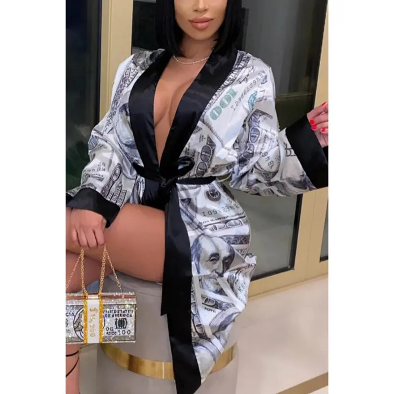Womenacute;s Satin Robe, Trendy Dollar Print Long Sleeve Silky Kimono Bathrobe Sleepwear with Belt