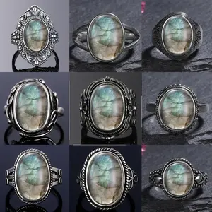 Big Oval Round Natural Labradorite Ring Silver Plated Ring for Women Sun Shaped Retro Luxury Fine Jewelry