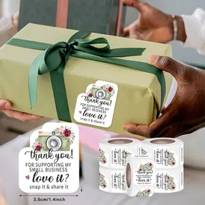 500 sheets/roll 1.4x1.7inch Thank You For Supporting My Small Business Stickers, Floral Camera Design Self-Adhesive Labels, Snap It & Share It Packaging Stickers for Small Business, Gift Wrapping, Order Sealing