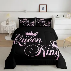 Crown and Couple Designer Comforter Set,His and Hers Luxury King Size Bedding Set,Black Pink Comfortable Bedding,Valentine's Day Decorations Quilt Set