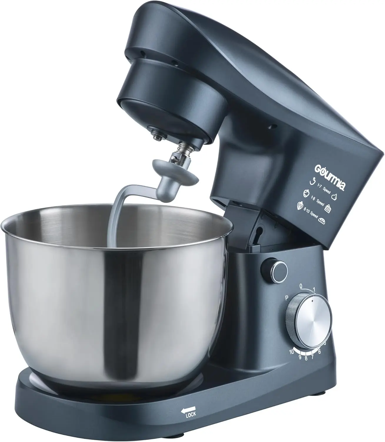 Gourmia 5 Qt Stand Food Mixer - 10 Speed Tilt-Head Electric Cake Mix Cookies & Bread Mixer Machine with Standard Control Knob, Bowl, Shield, Dough Hook, Whisk, Beater