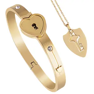 Heart Lock Couple Bracelet and Necklace Set - Interlocking Love Key Jewelry, Suitable for Anniversary, Birthday, or Wedding Gift