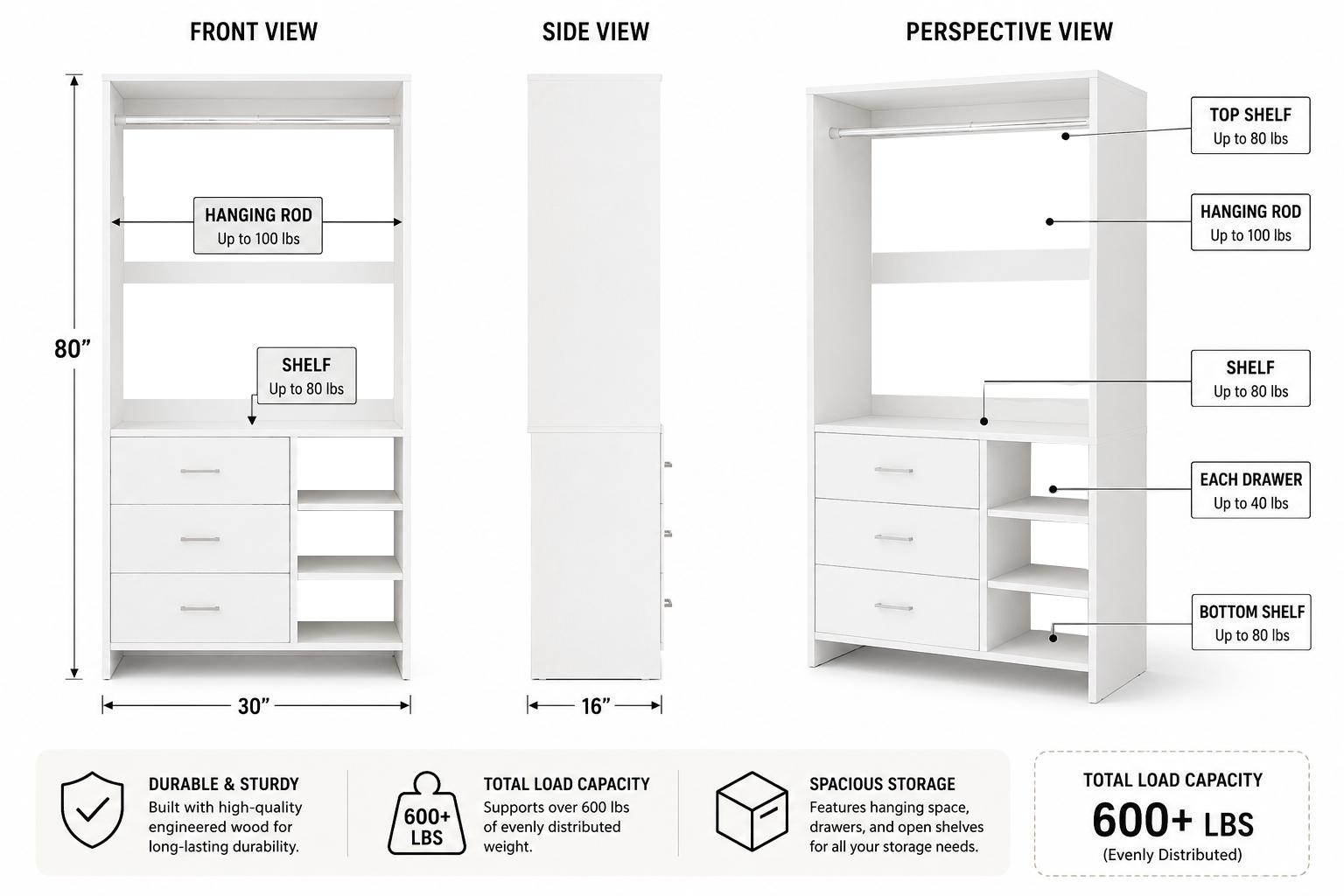 Wood Closet Organization Wardrobe with 3 Drawers - Heavy Duty Dresser Alternative, Aesthetic Renter Friendly Closet System Freestanding Closet Organizer