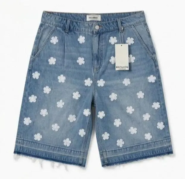 Wildgeese Handcrafted Pleated Floral Denim Jorts – Unique Handmade Streetwear