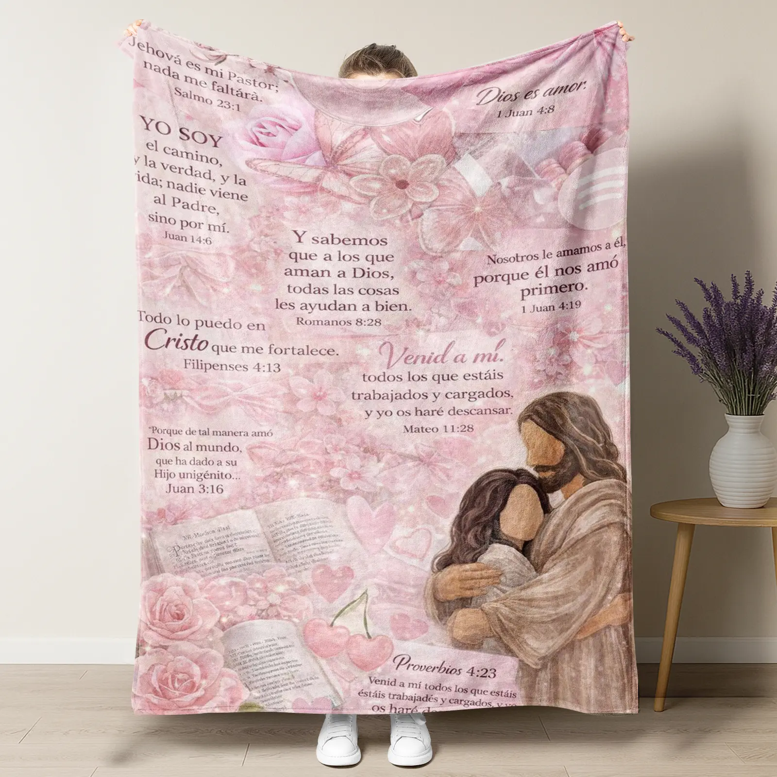 Pink Floral Christian Throw Blanket - Coquette-Style Spanish Bible Quotes & Religious Art, Cozy Fleece for Devotional Home Decor & Faithful Gifts