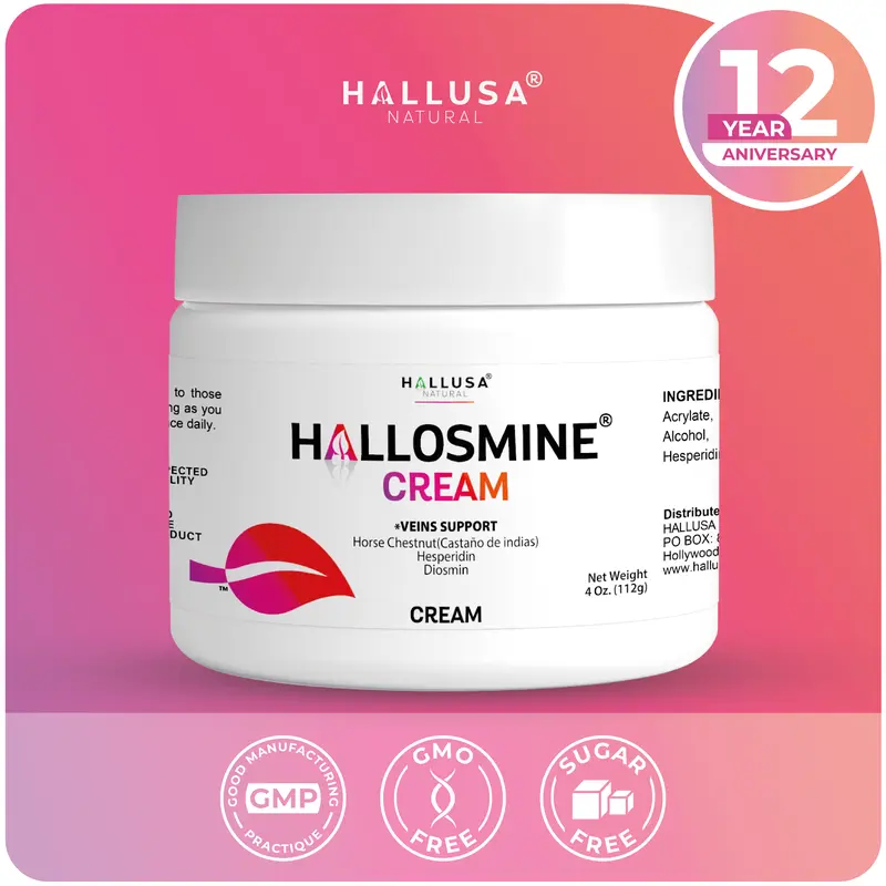 HALLOSMINE Topical Supplement Cream Support for Varicose Veins & Circulation with Diosmin, Aloe Vera & Horse Chestnut 4 oz – Hallusa Natural Hydrating Body Cream Intensive Soothing Care, Body Care, Moisturizers