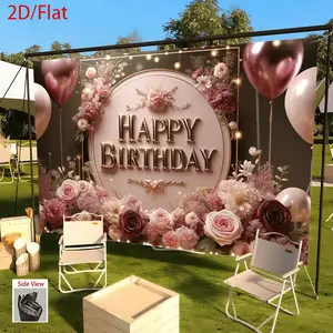 Party Banner Backdrop - Floral Happy Birthday Decor with Pink Roses & Golden Lettering, Polyester Fabric for Weddings, Birthdays, Bars, Home & Office Decor, No Electricity Needed, Birthday Party Decorations, Indoor Outdoor Decor Ornaments Flower