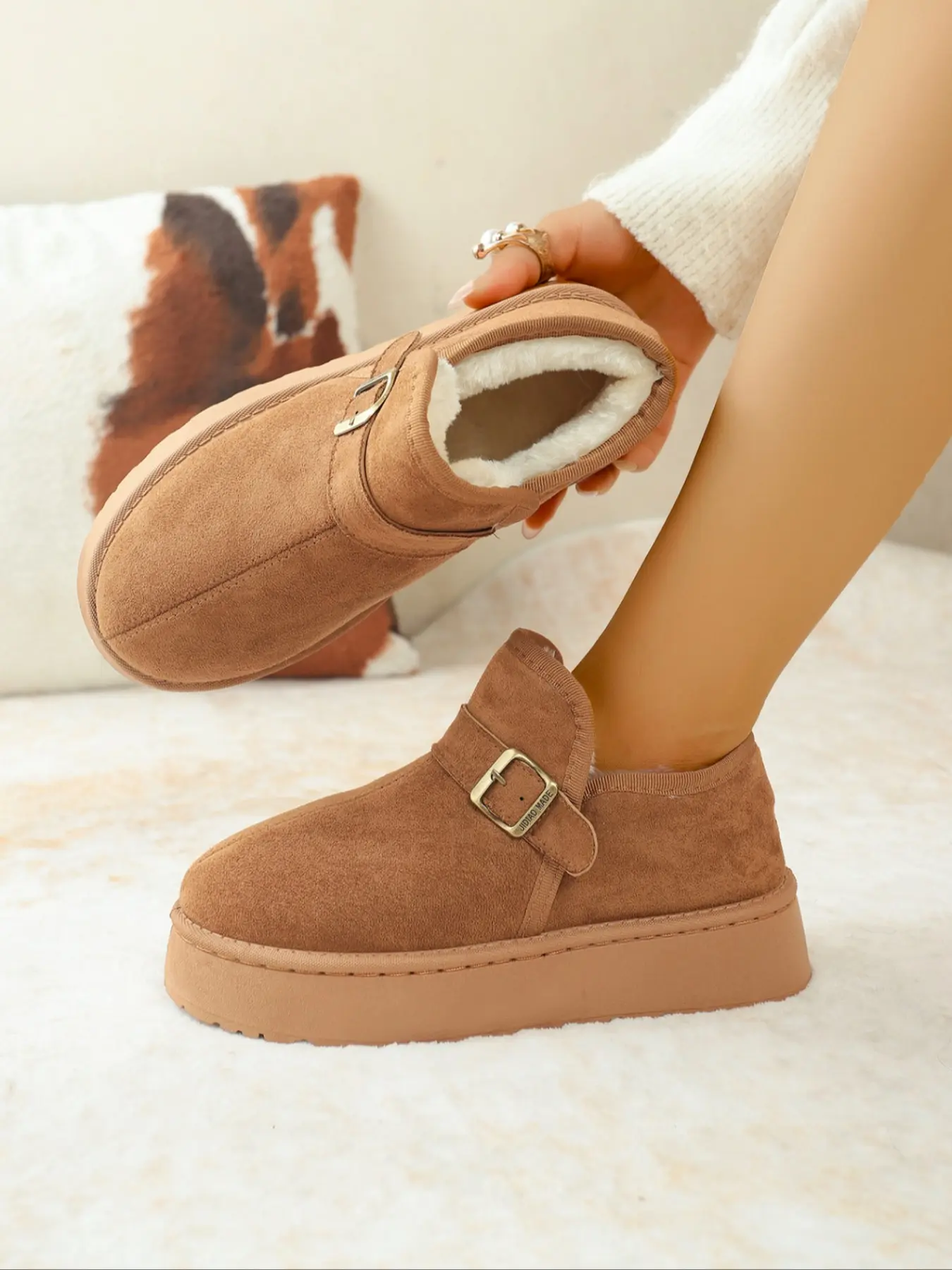 Women's Faux Fur Lined Thick Sole Short Boots, Soft Textile Upper, Metal Buckle Decor, Warm Inner Liner, Casual Style for Fall & Winter, Winter Warm Shoes