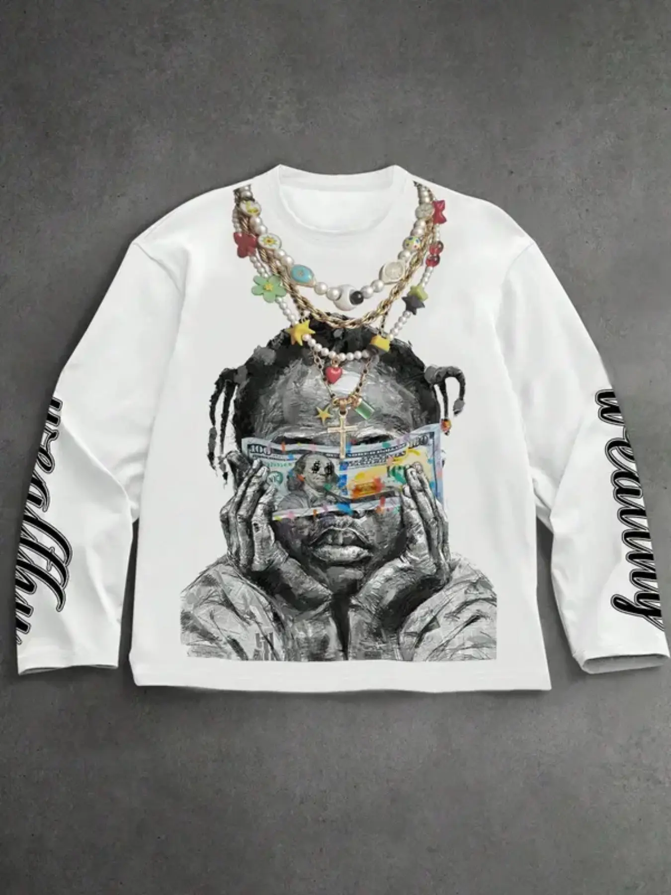Y2K Hip Hop Portrait Graphic Long Sleeve T-Shirt Men Women Oversized Streetwear Tee with 3D Chain Detail & Sleeve Print for Urban Fashion Concert & Skate Outfits Fitted Casual Menswear