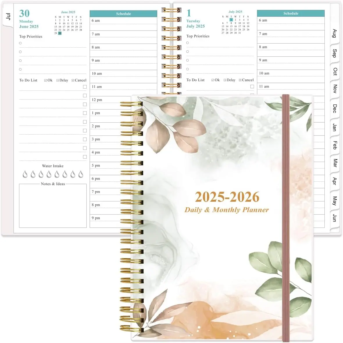 2025-2026 Daily & Monthly Planner - One Page Per Day, Daily Planner 2025-2026 from Jul 2025 to Jun 2026, Planner 25-26 with 12 Monthly Tabs, 6.4" x 8.5", Rose Leaf