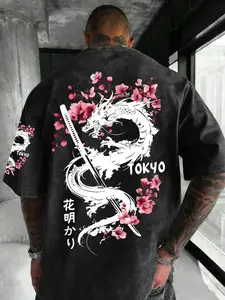 Dragon & Cherry Blossom Graphic T-Shirt for Men, Casual Relaxed Fit Round Neck Tee for Summer & Outdoor Wear, Stylish Everyday Top, Menswear