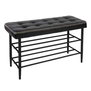 GAOMON Oil Wax Leather Storage Bench with Cushion, Mid-Century Modern Entryway Shoe Rack Organizer Seat for Living Room, Hallway, Bedroom (Black)