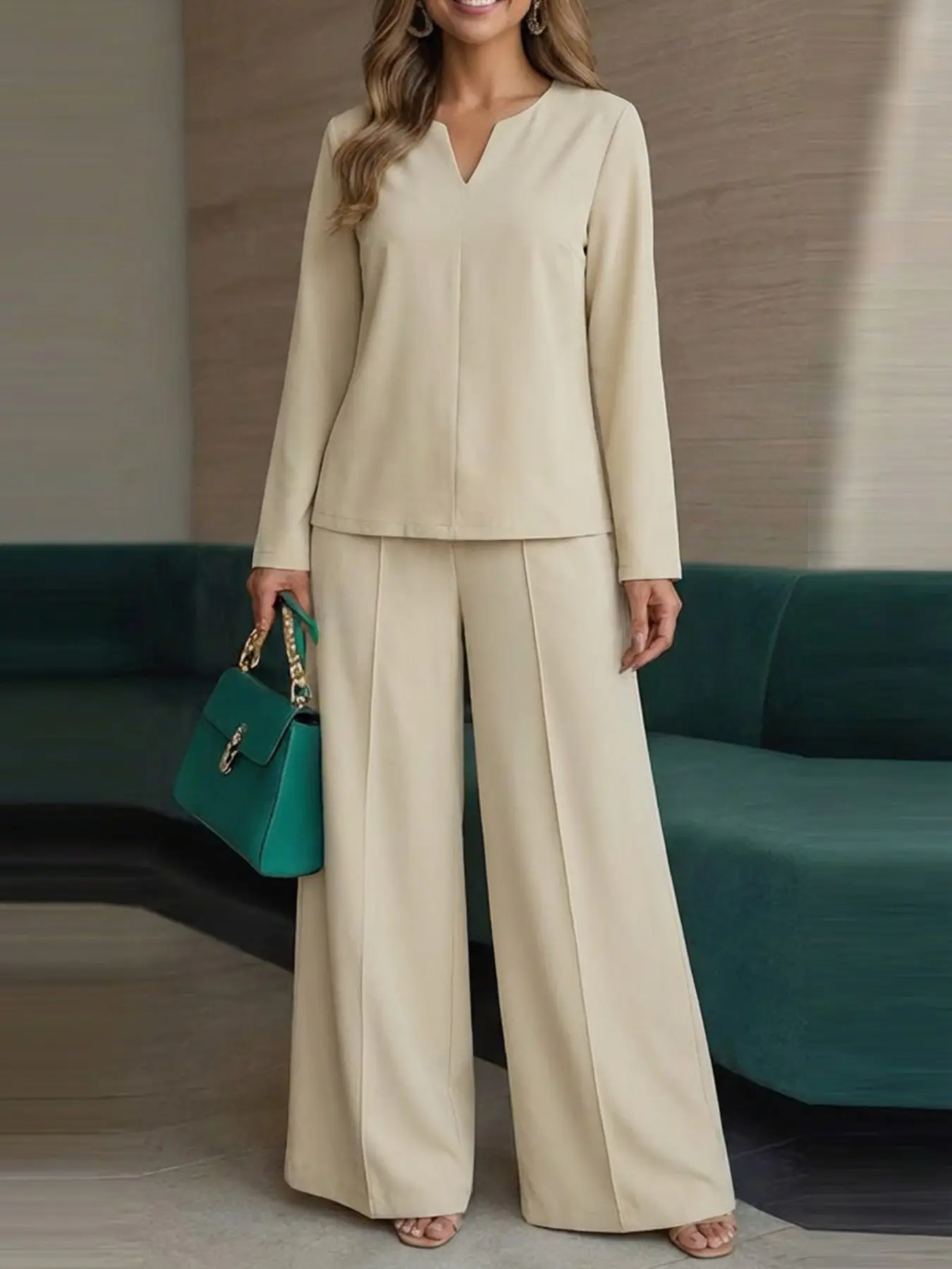 Women's Plain Color Set, Womenswear V Neck Long Sleeve Blouse + Elastic Waist Straight Leg Pants with Pockets, Casual Daily Wear