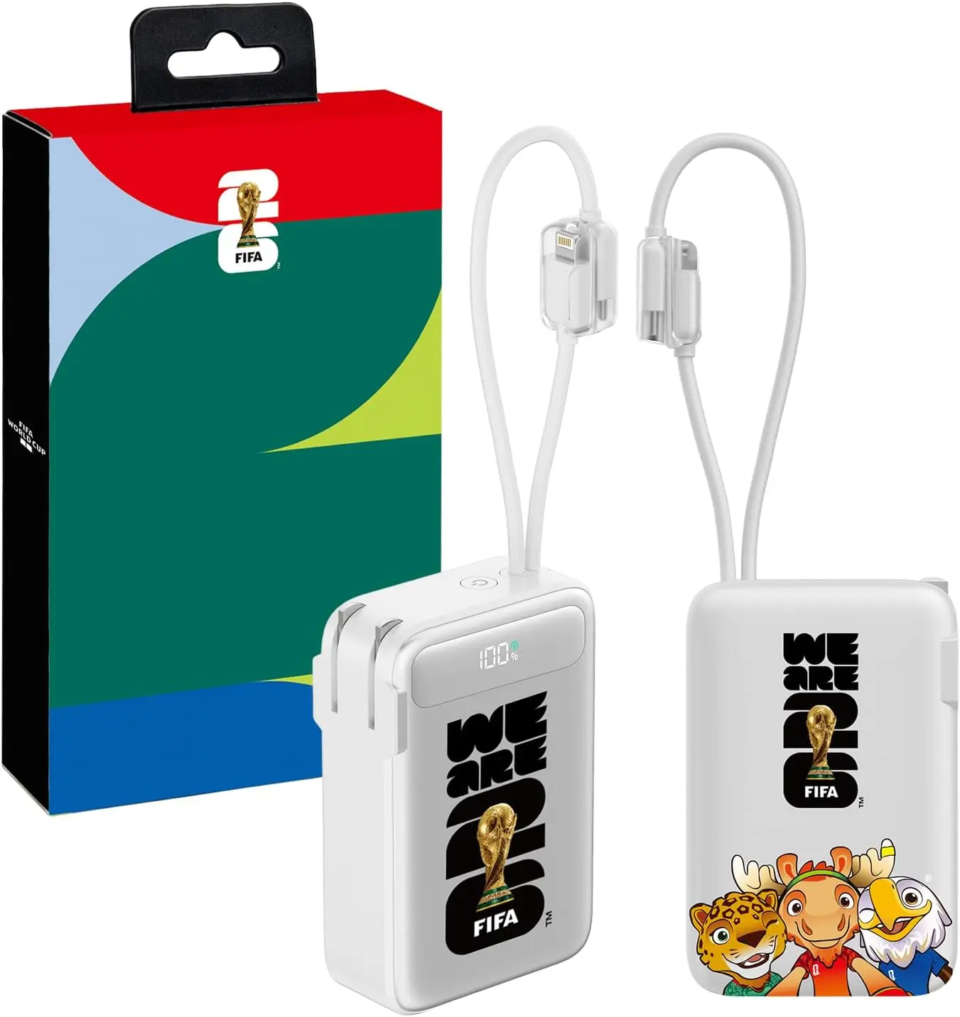 Official FIFA World Cup 2026 Edition, 3-in-1 Power Bank with Built-in Cable and Foldable Wall Plug, 22.5W Max 10000mAh Portable Charger Power Bank for iPhone 17/16 Series, Galaxy S26/S25