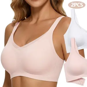 2PCS Women's Wireless Jelly Bras V Mesh Comfortable Bralette Supportive Tshirt Bra No Underwire Seamless Push Up Everyday Bras