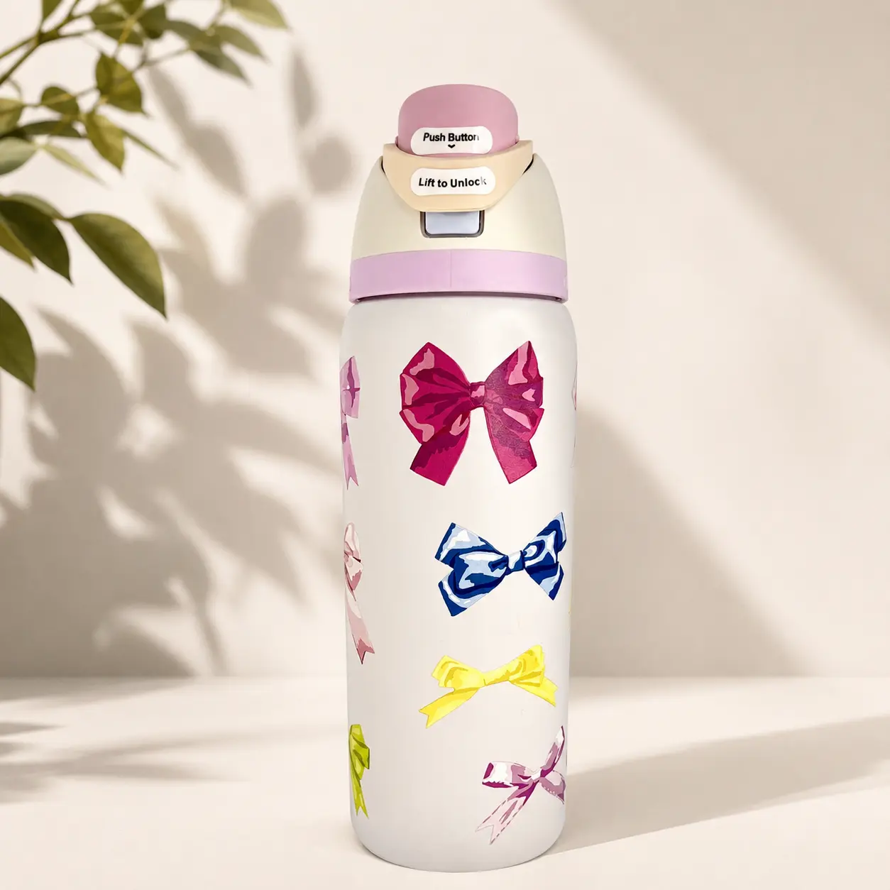 Owala 32oz FreeSip Stainless Steel Water Bottle, Triple Insulated Leak Proof Tumbler with Push Button Lid, Colorful Bow Print Bottle for Gym School