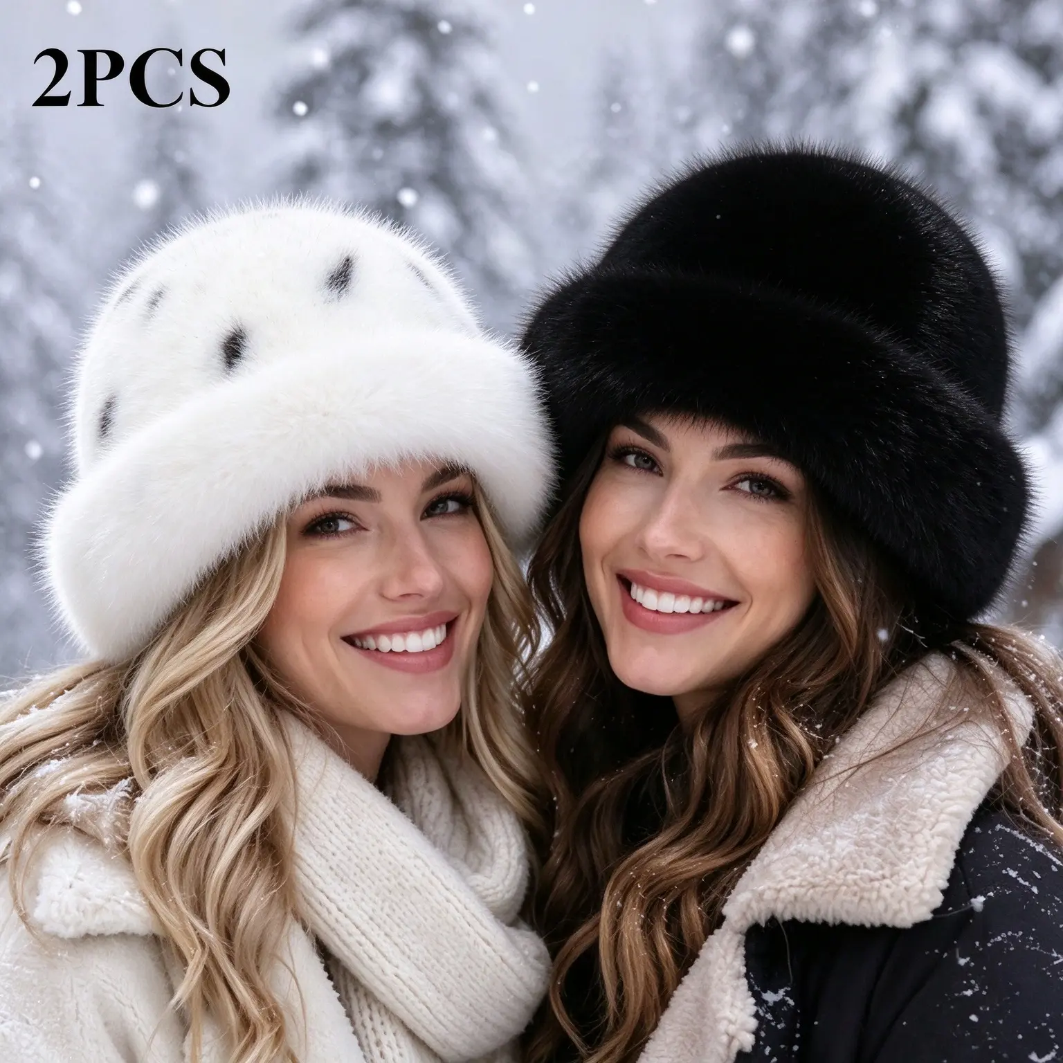2 Pcs Women’s Winter Faux Fur Bucket Hat Sets, Warm Fluffy Fisherman Fuzzy Furry Bucket Hats, Fashion Faux Mink Plush Cap Sets Long Pile Fur Wide Brim Russian Hat / Scarf for Women Ladies Winter Outdoor Super Soft & Warm White & Black