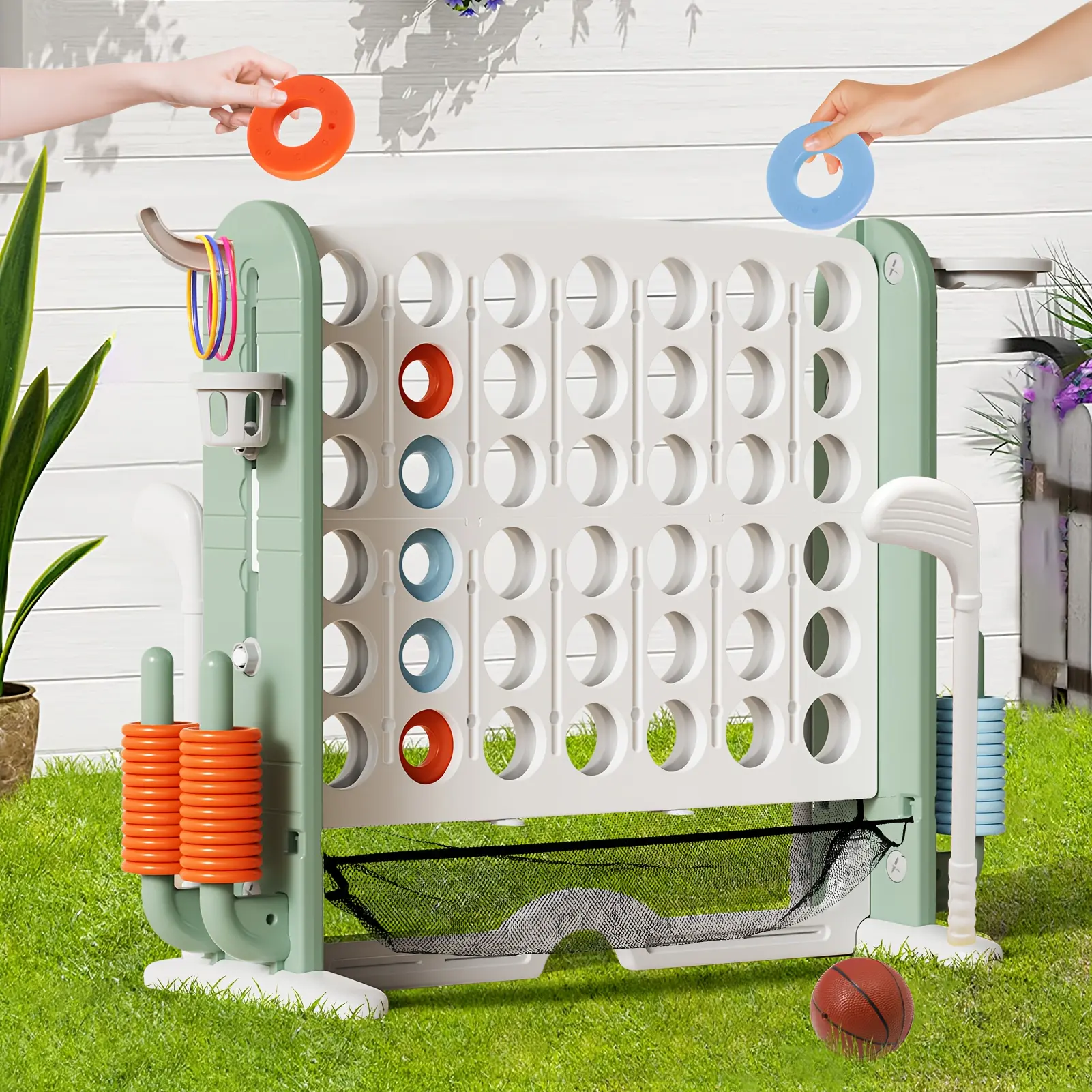 4-in-1 Giant Connect Game Suitable for Kids & Adults - Adjustable Height Multi- System with Basketball, Golf & Ring Toss| Color-Coded Number Learning for Indoor/Outdoor Family Party Games, Educational for Color Recognition & Skills