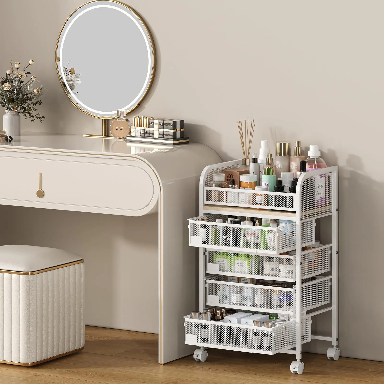 White 4-Drawer Makeup & Skincare Floor Organizer with Wheels, Nameplates - Indoor Furniture Vanity Holder for Perfume, Nail Polish, Brushes